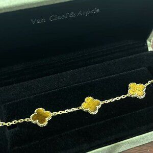 Van Cleef & Arpels 18k Gold Tiger's Eye Stone 5 flower bracelet